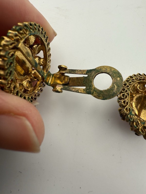VTG Austria Fruit Salad Clip Earrings GoldTone Pink blue Faceted Crystals J140 gallery