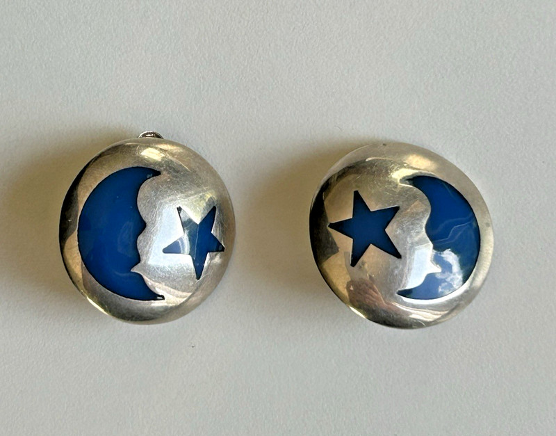 Vintage Mexico 925 Sterling Silver Dome Earrings Blue Moon & Star Design Clip‑On