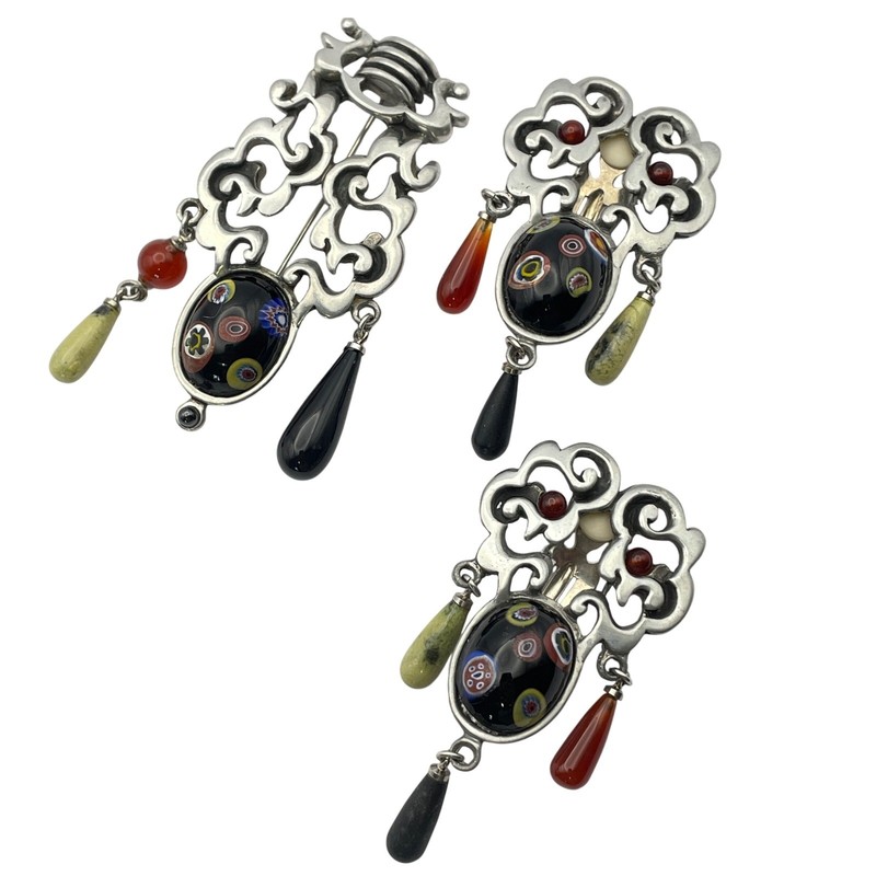 Vintage Modernist Millefiori Brooch and Clip On Earring Set Statement Jewelry