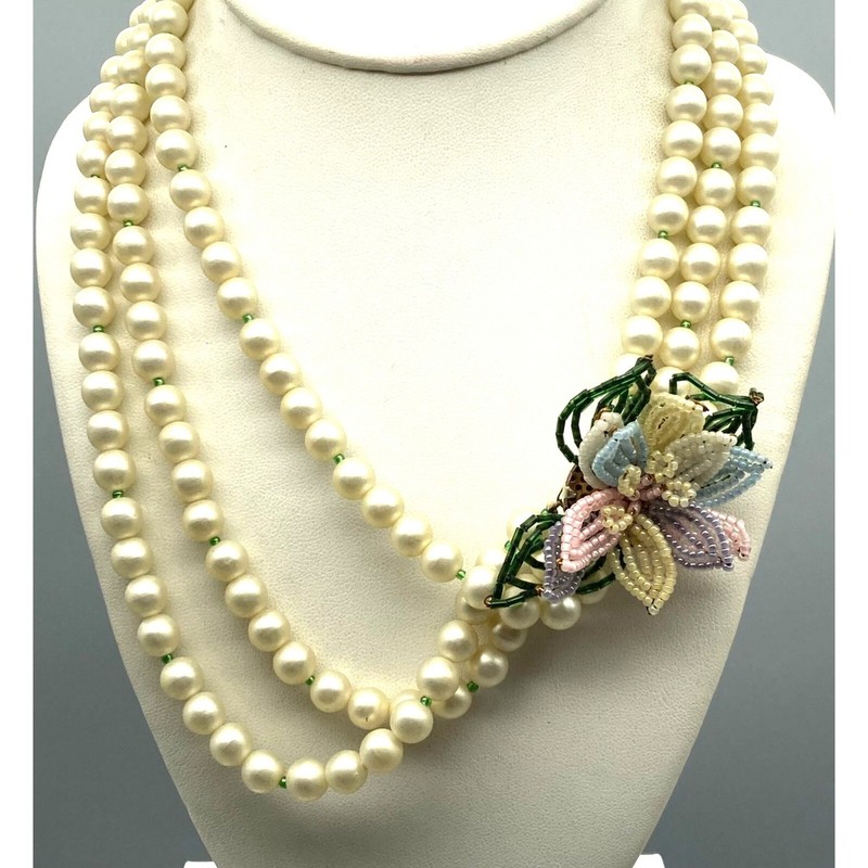 Vintage Triple Strand Floral Necklace, White Satin Finish Faux Pearls with Decor