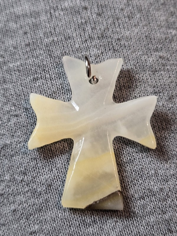 Vintage Natural Stone Cross Pendant Religious Jewelry Beige White Tones