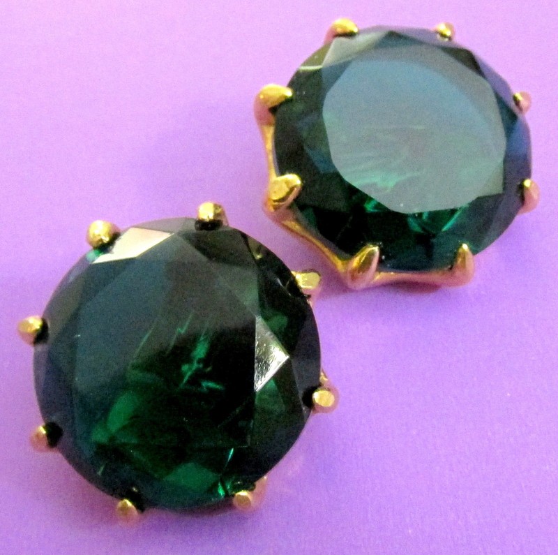 Vtg Runway 1" Round Glamorous Emerald Green Acrylic "Crystal" Earrings 80s Clip gallery