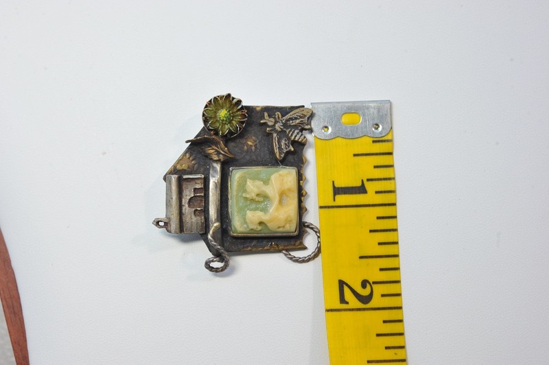 Vtg BROOCH Artisan signed unique flower bug bee cameo - interesting piece gallery