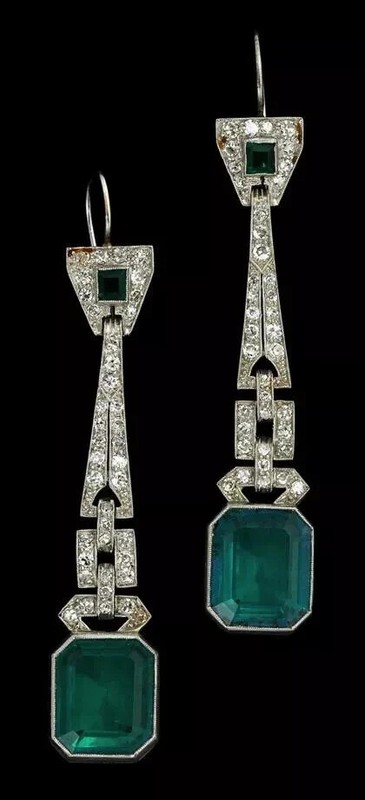 Art Deco Style Emerald & Lab Created Diamond 14K White Gold FN Wedding Earrings