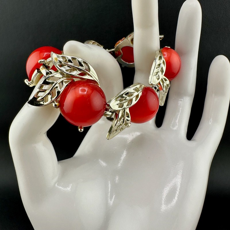 Vintage Moonglow Thermoset Necklace Bracelet Set Cherry Red Gold Tone Leaves gallery