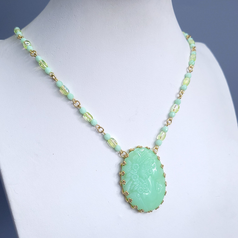 Uranium Glass Necklace 21'' Cameo Pendant Vaseline Green Czech Beads gallery