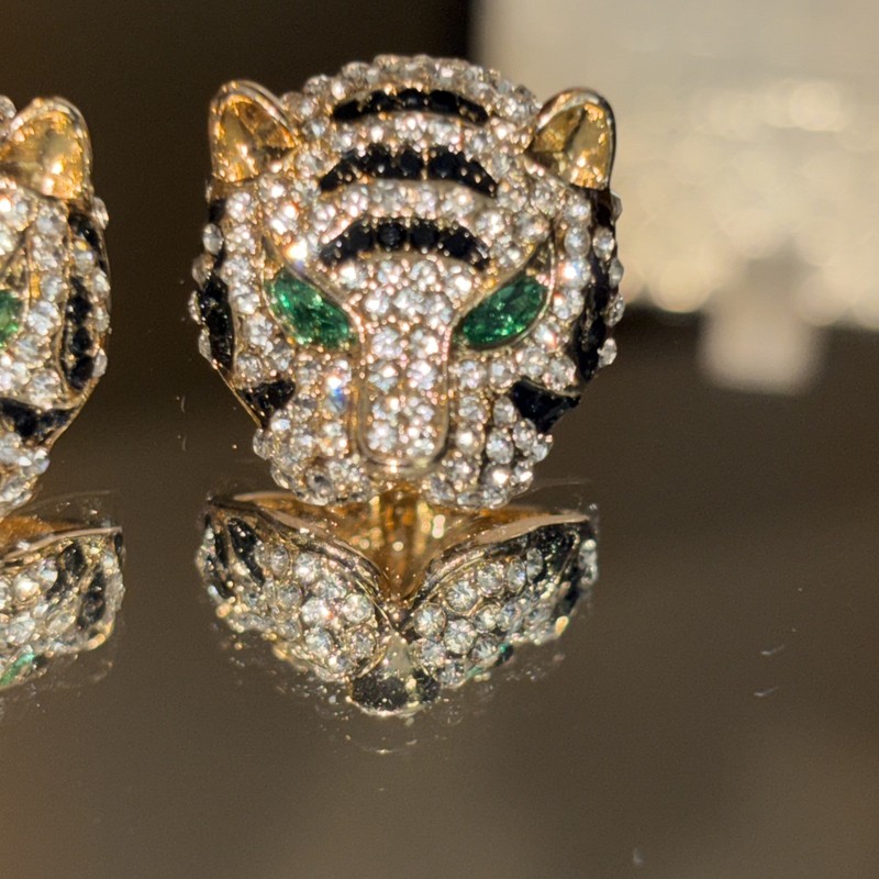 Gold Tone Tiger’s Head Earrings Black & White Rhinestone Green Eyes gallery