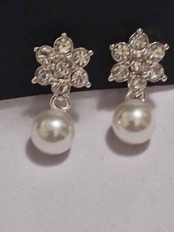 Flower clear crystal rhinestone & faux pearl dangle drop clip on earrings, ... gallery