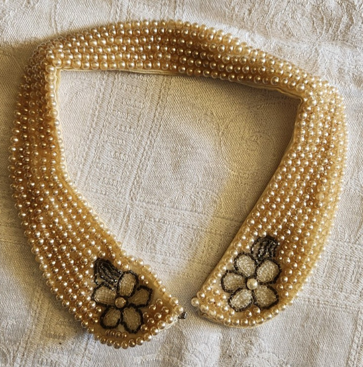 Vintage Handmade Faux Pearl Collar Choker With Floral Seed Beads Satin Backing