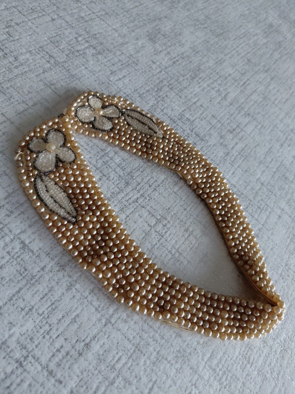Vintage Handmade Faux Pearl Collar Choker With Floral Seed Beads Satin Backing gallery