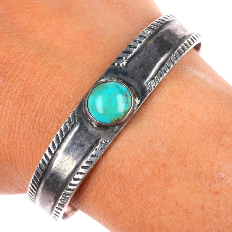 6.3″ c1938-1942 US Navajo 1 sterling silver stamped cuff bracelet with turquoise