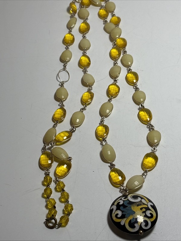 Vintage Cloisonne Pendant With Faux Yellow Plastic Gem Necklace 29" Long gallery