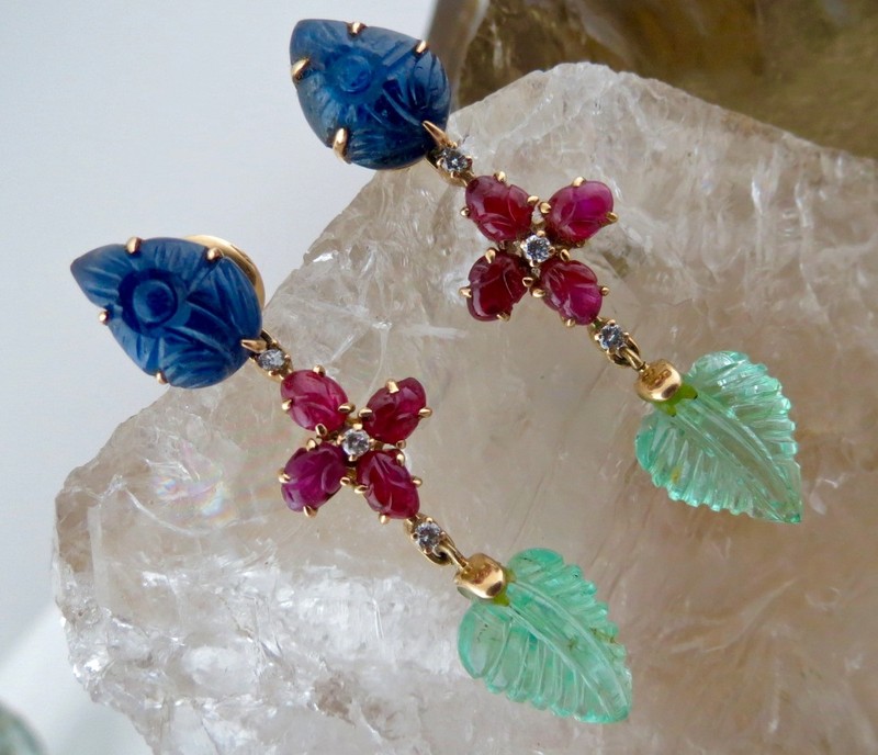 Certified Estate Natural Emerald 10ct Ruby Sapphire Carved Diamond 18k Earrings gallery