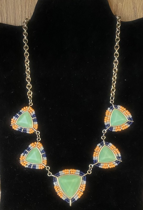 Peach Navy Gray Beaded Statement Necklace with Sea Foam Green Accents Gold Tone