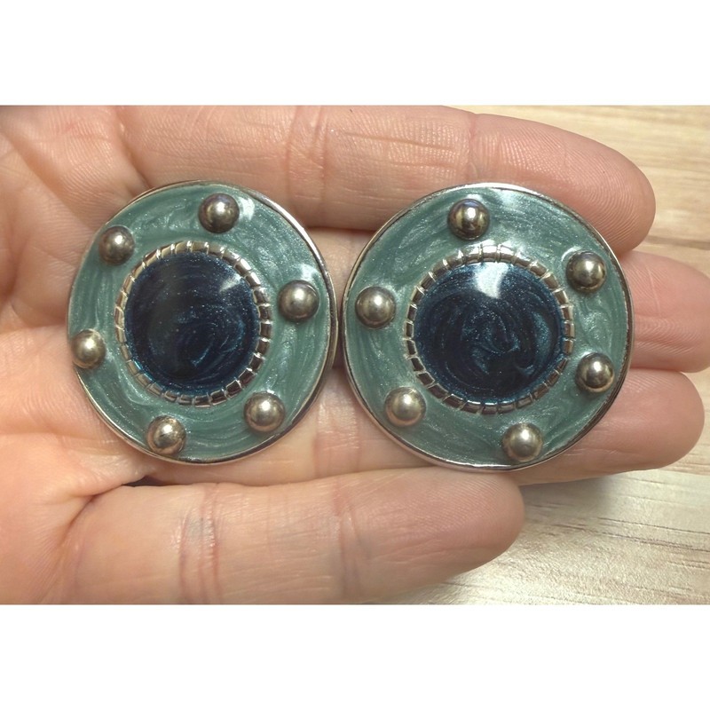 Vintage Round Enamel Button Earrings Navy Blue Seafoam Green Silver Tone Studs