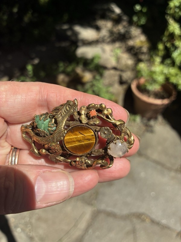 Vintage 3 Dragon Brooch Semiprecious Stones Asian gallery