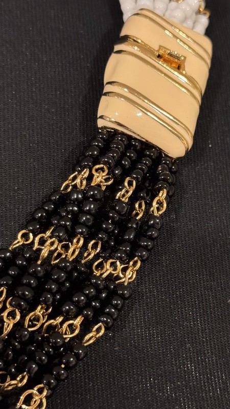 Vintage 10 Strand Black/White/Gold Beaded Chunky Statement Necklace/Cream Clasp gallery