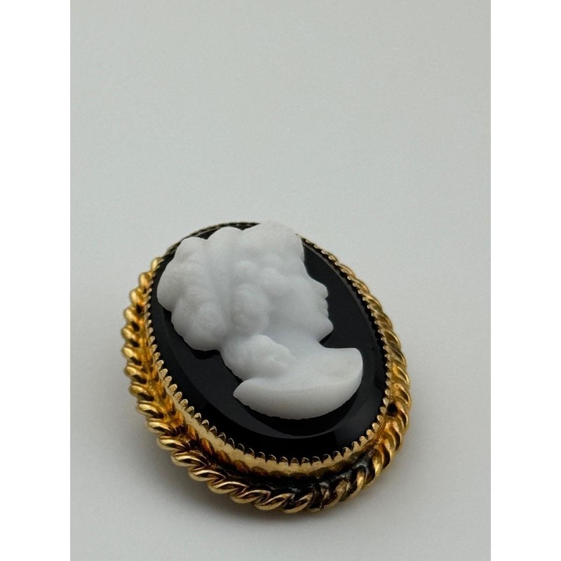 Vintage Carla Molded Cameo Black White Gold Filled GF Brooch Pendant gallery