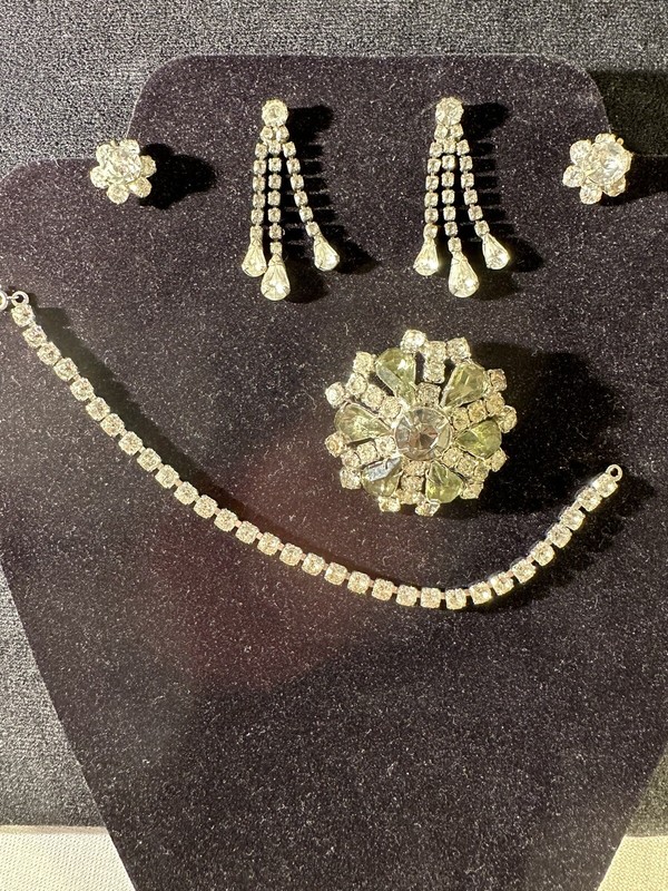 Rhinestone Brooch, Bracelet, 2 pair Earrings Vintage Pierced & Screw Back Nice!