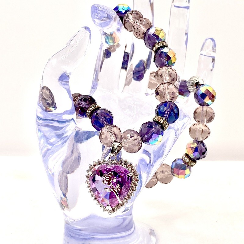 Vtg SilverTone Necklace AB Crystal Heart Rose Pendant Purple Multifacet Estate T