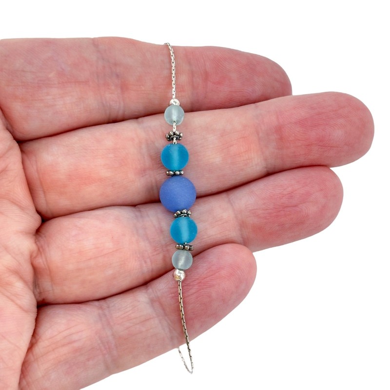Blue Glass Bead Bar Necklace | Minimalist Sterling Silver 925 Jewelry 18″