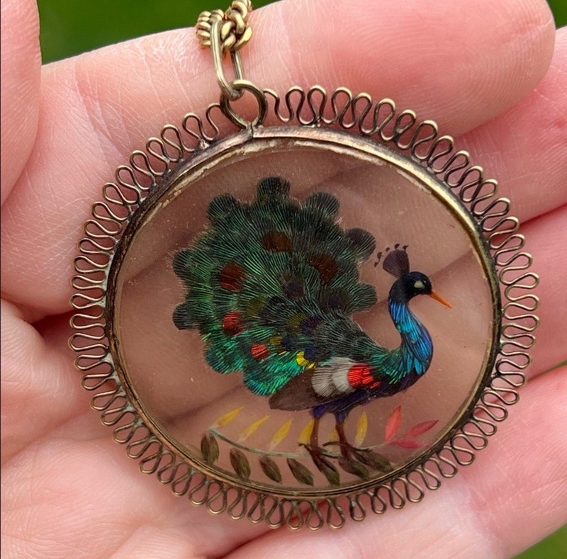 Victorian Handmade Double Sided Peacock Feather 10k Pendant Gold Filled Chain