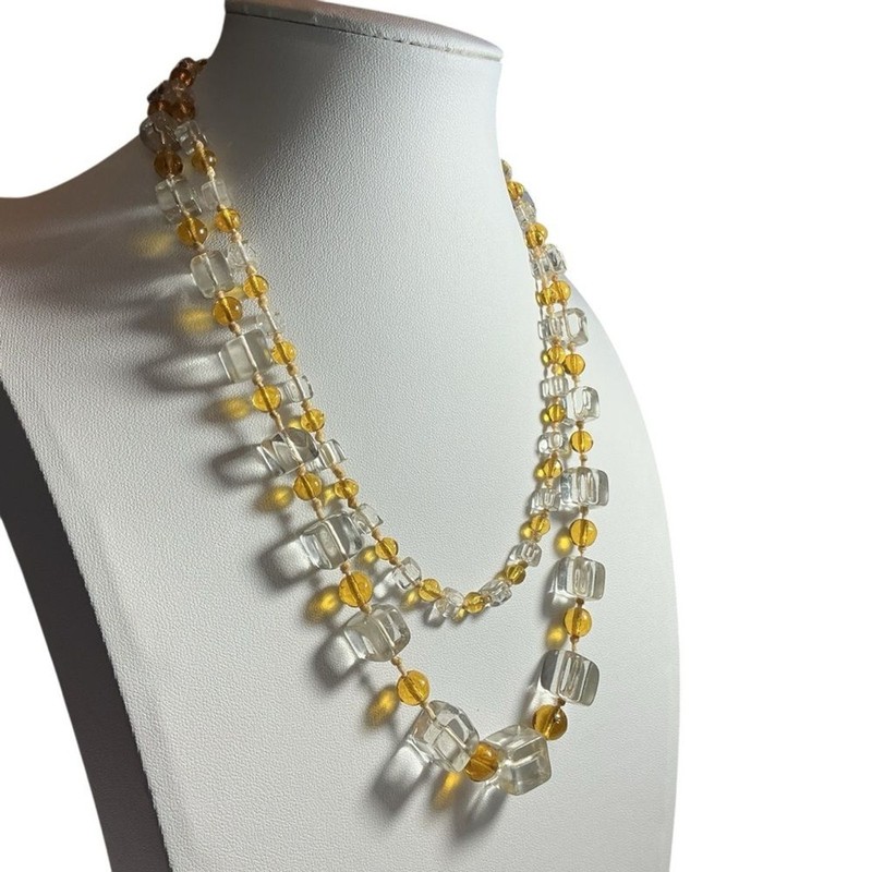 Vintage Czech Glass Necklace Yellow Graduated Cube & Clear Round Bead 36” gallery