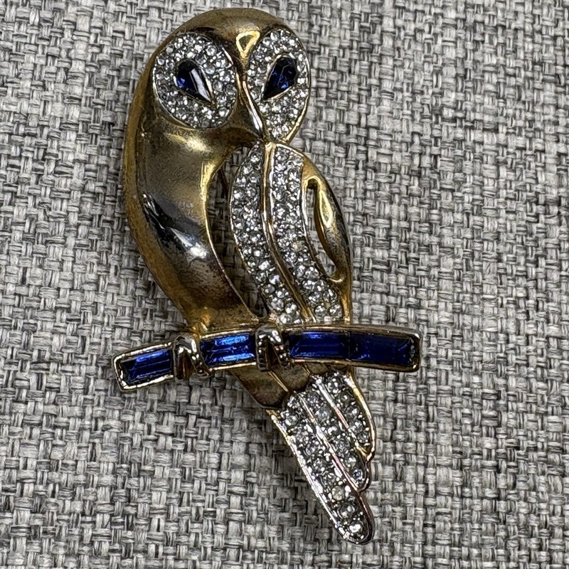 Vintage Gold Tone Owl Brooch Blue Baguette Eyes Rhinestone Pave Figural Pin gallery