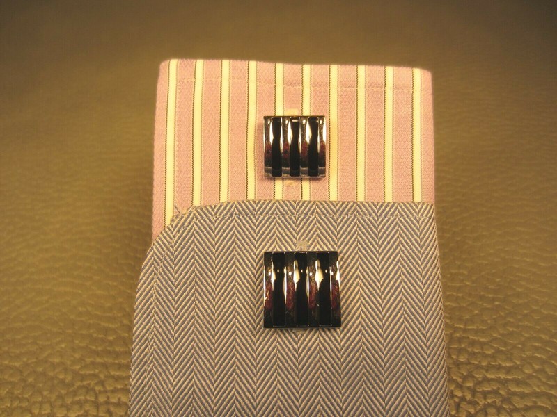Classic Striped Black Enamel White Gold Plated Cuff Links (Silver Tone) gallery