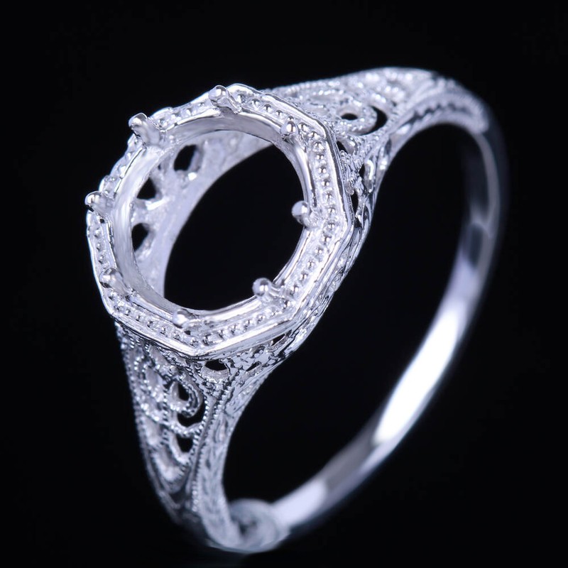 No Plated Sterling Silver Round 7-8mm Semi Mount Vintage Filigree Ring Jewelry