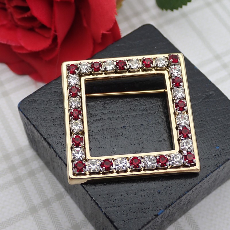 Vintage Square Red Clear Channel Prong Set Rhinestone Gold Tone Pin Brooch