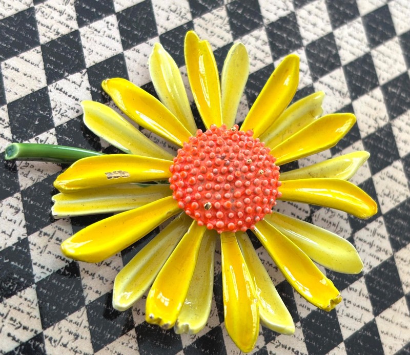 Vintage flower Brooch PIN signed 1960s Arthur PEPPER Retro Summer Daisy 🧡💛💚