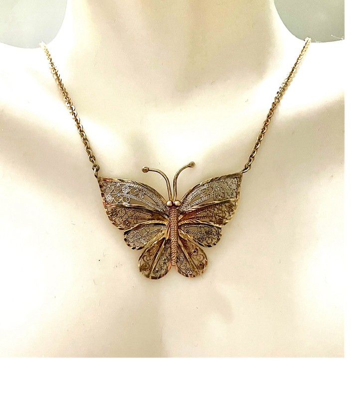 VTG Tricolor Gold Vermeil Sterling Silver Filigree BUTTERFLY Necklace 17” TURKEY gallery
