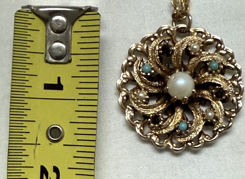 1970s Goldtone Pearl Pendant Rhinestones Turquoise Necklace