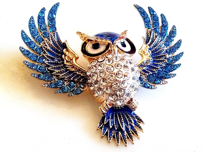 RHINESTONE OWL BROOCH! Enameled Wise Bird Pendant/Pin. Deep Blue Crystals. gallery