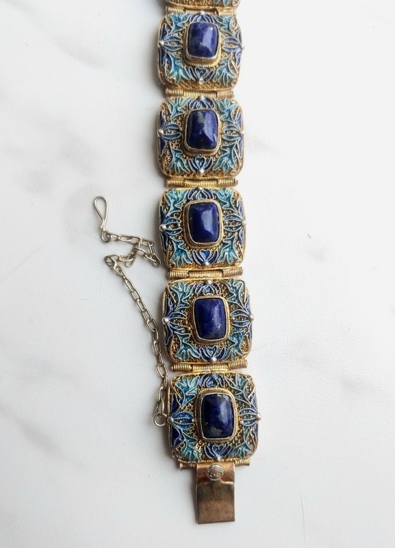 Antique Chinese Export Silver Gilt Filigree Enamel Lapis Lazuli Link Bracelet gallery