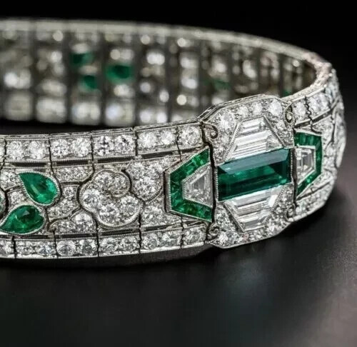 11.75Ct Art Deco Style Lab Created Emerald Engagement 14K White Gold FN Bracelet