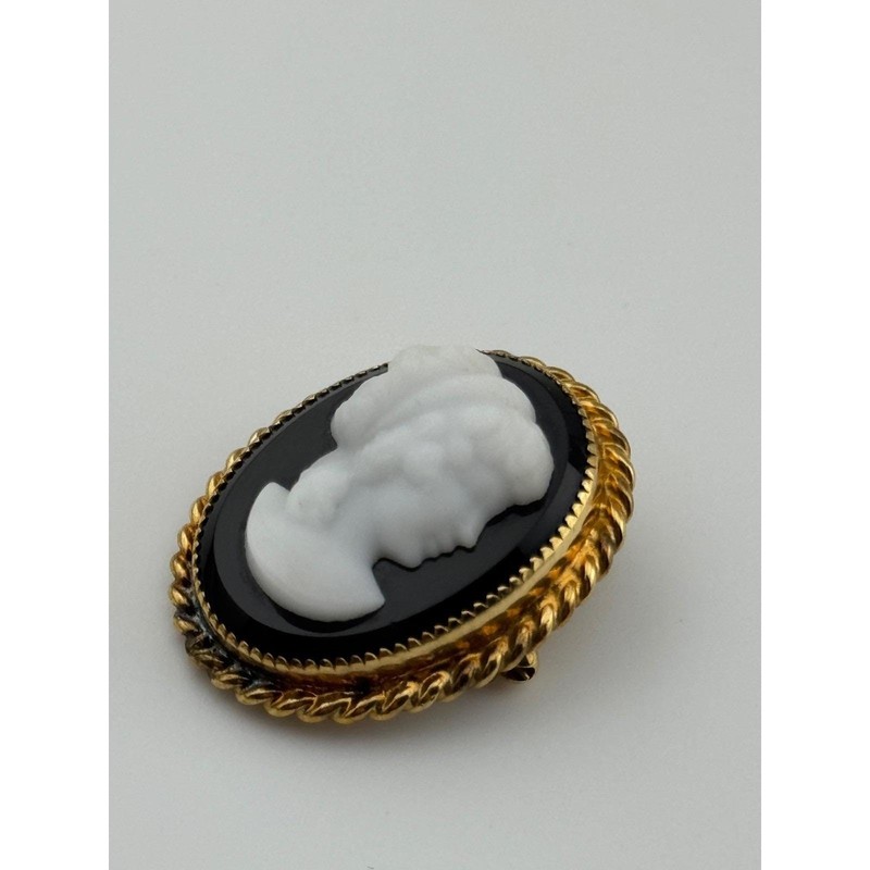 Vintage Carla Molded Cameo Black White Gold Filled GF Brooch Pendant gallery