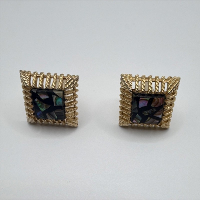 Vintage Gold Tone Square Bullet Back Cufflinks Abalone Mosaic Inlay for Men