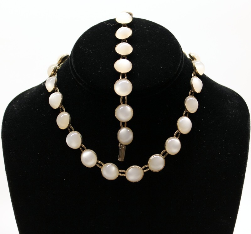 Vintage Glass Moonstone Necklace and Bracelet Set 1940’s