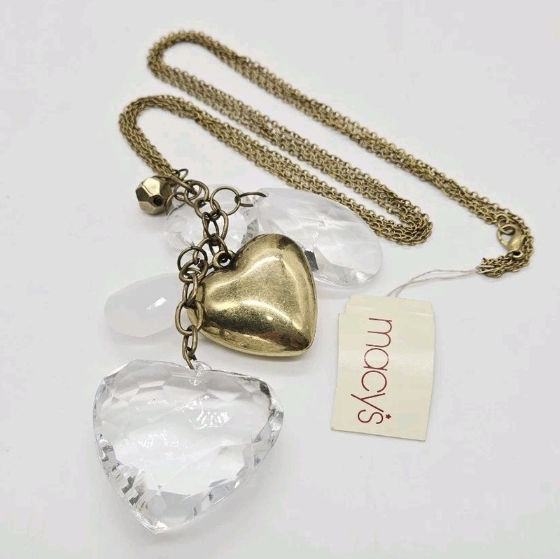Heart Lucite Charm Necklace Gold Tone Puffer Heart Art Deco Couture Chunky 31 in