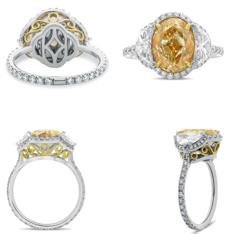 EXTRA LARGE 5.46CT WHITE & INTENSE FANCY YELLOW DIAMOND 18KT 2 TONE GOLD 3D RING