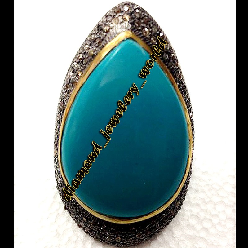 1.65ctw Rose Cut Diamond Turquoise Studded Silver Vintage Gorgeous Ring Jewelry