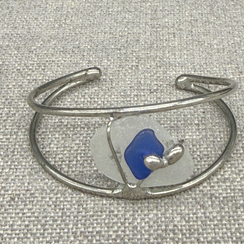 Artisan Bracelet Silver Tone Cuff Blue White Sea Glass Size 6