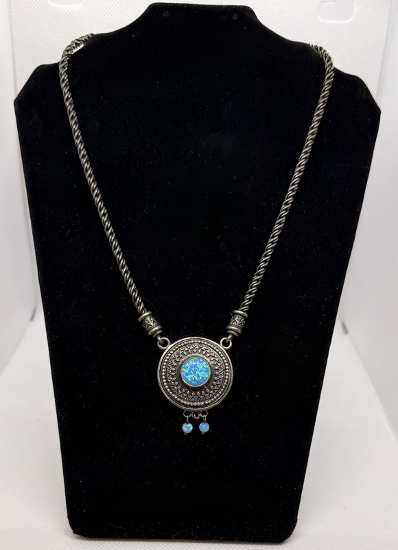 Vintage 925 Sterling Silver 14K Opal Necklace MGJ Artisan Medallion Pendant 18”