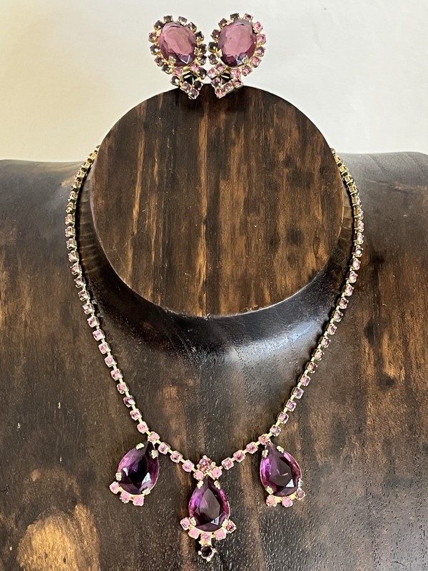 Vintage Purple Rhinestone Necklace and Earring Set Choker and Clip Ons