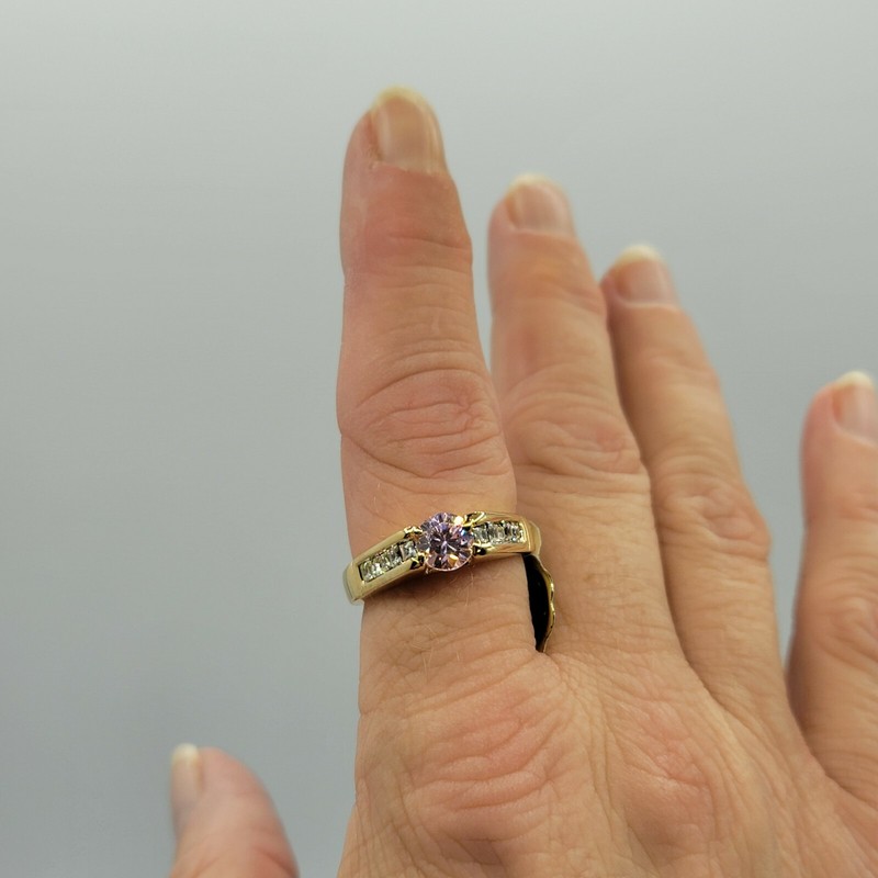 Vtg Sz 7 Ring Pink Clear Cubic Zirconia 18K GE Gold Electroplate Jewelry USA gallery