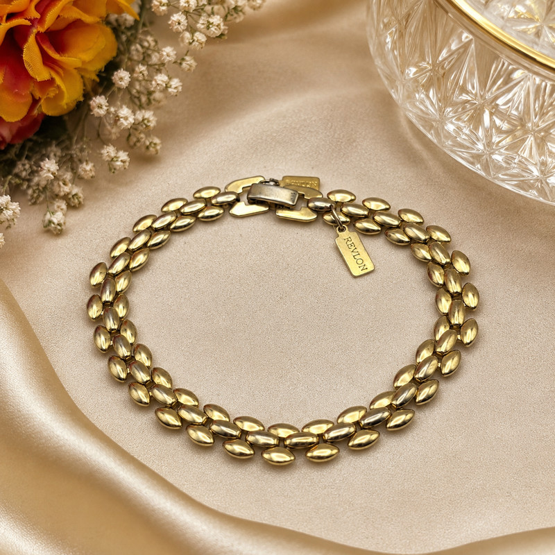 Vintage Revlon Gold Tone Double Row Navette Link Bracelet Fold Over Clasp 7.5 in