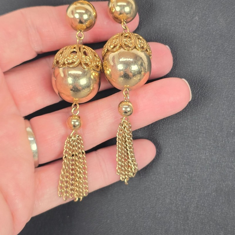 Vintage Gold-Tone Statement Brooch Textured Dangle Necklace W/ Chain Tassels gallery