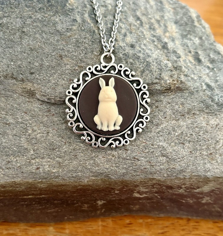 Bunny Rabbit Cameo Necklace, Antique Vintage Design Pendant, Cream/Brown, Easter